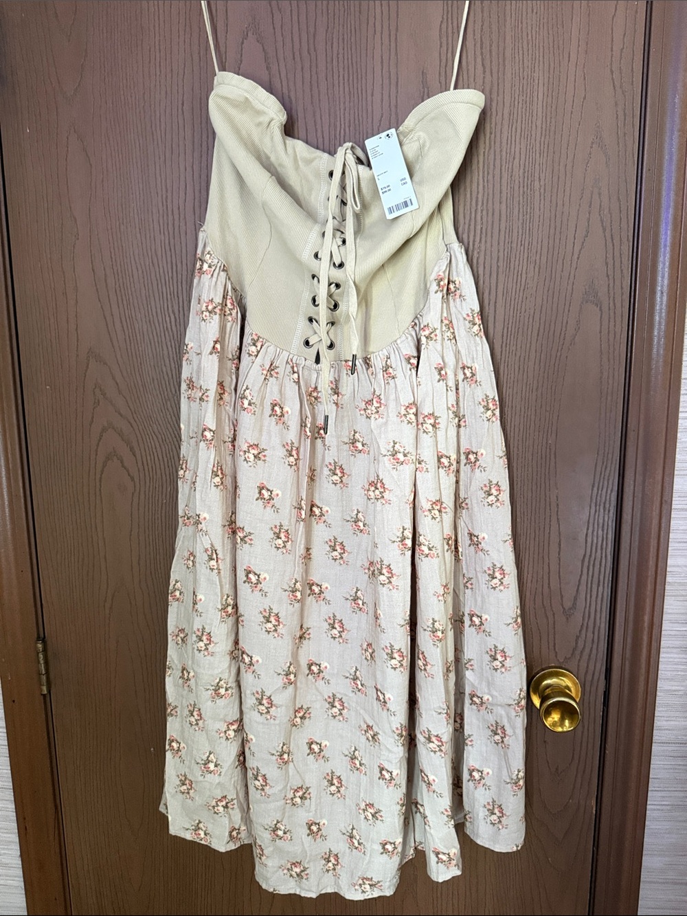 Cream Floral Spaghetti Strapless Dress with Lace-Up Bodice from Urban Outfitters